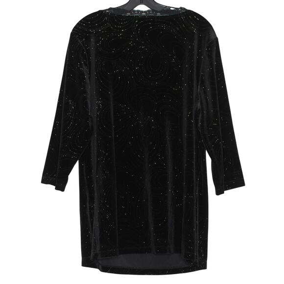 Notations Top 3/4 Sleeve Velvet Glam Goth Classic Sparkly Lace Trim Black 1X - Picture 2 of 5